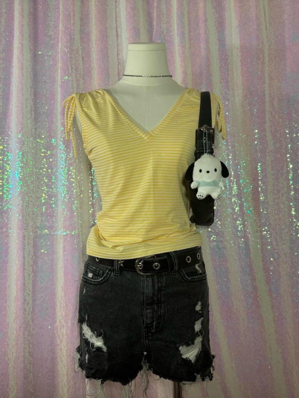 Patoge Yellow & White Striped Bow V-Neck Tank Top Blouse ★彡